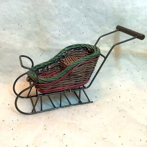 Vintage Rattan Wicker and Metal Christmas Sleigh Sled Red Green Detail Wood 9”